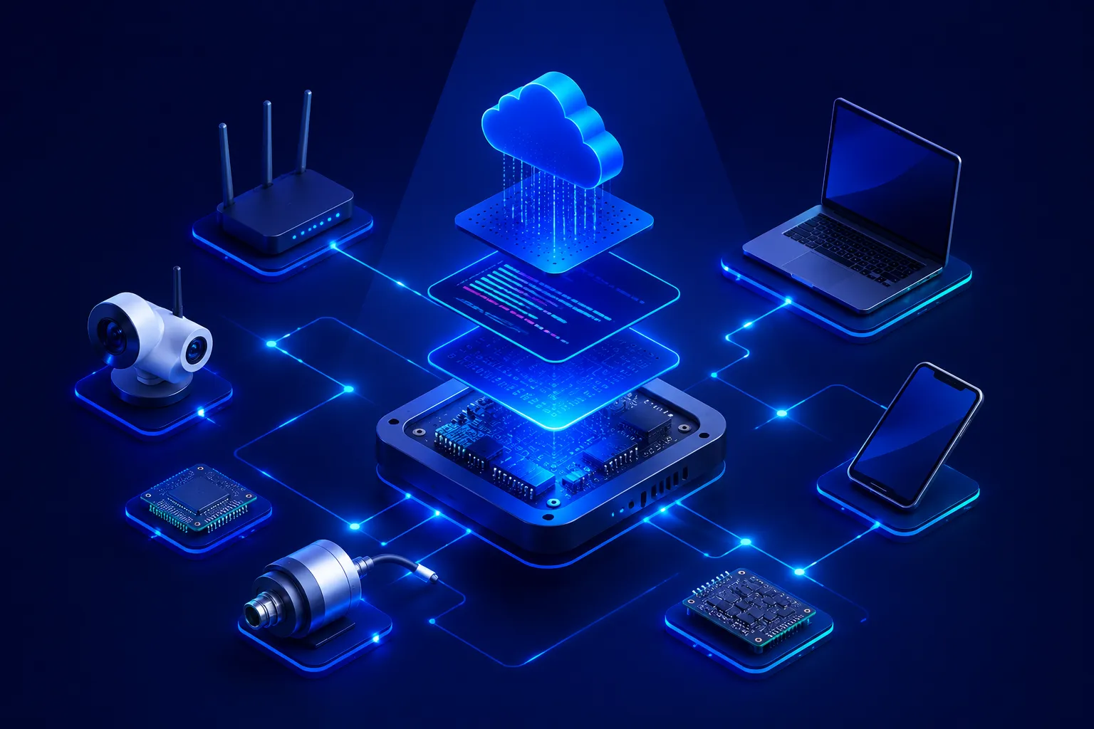 Illustration représentant différents logiciels, équipements connectés et composants numériques concernés par le Cyber Resilience Act.